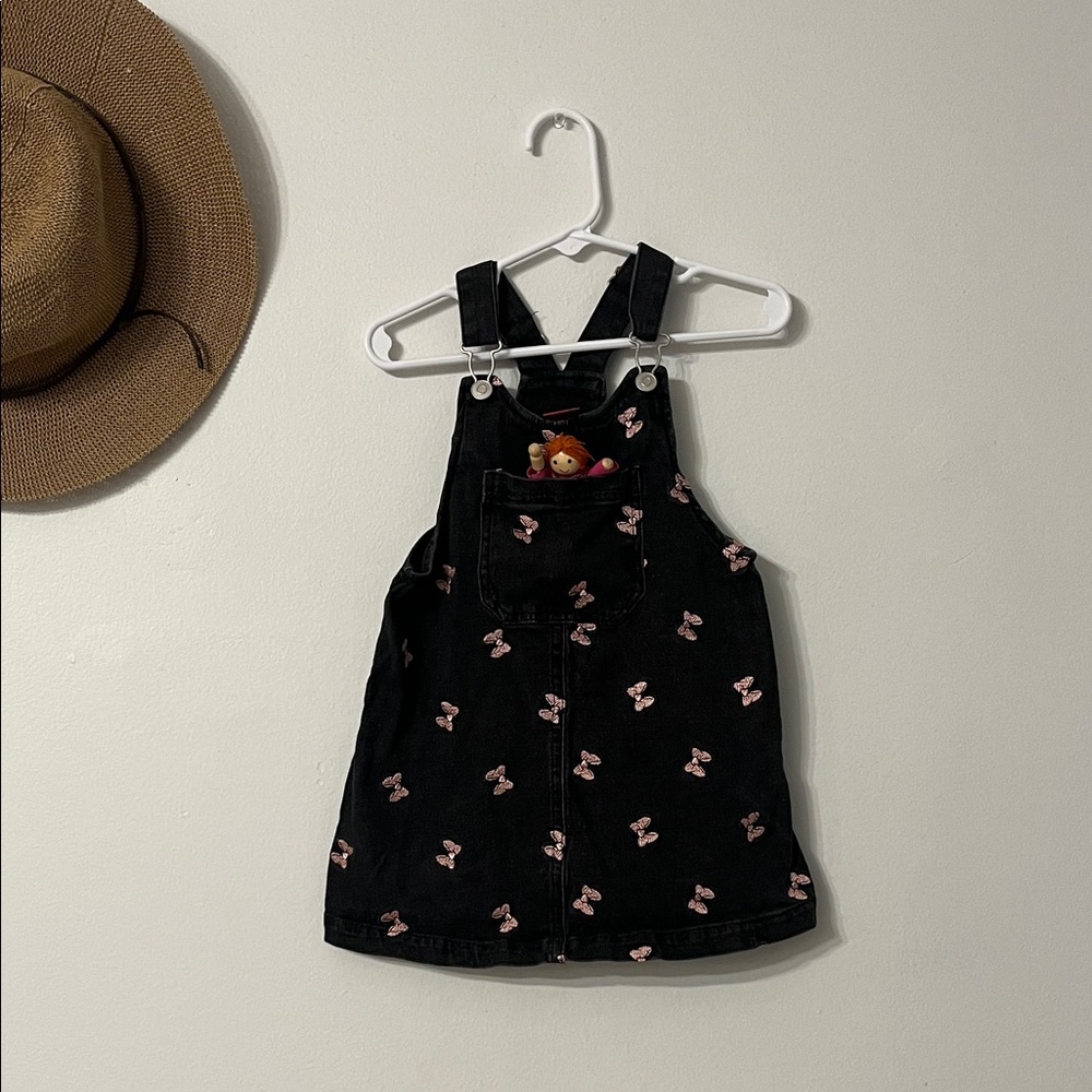 Disney Black Overall Dress with Pink Butterfly Embroidery